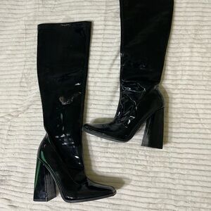 Black Patent Leather Knee-High Boots